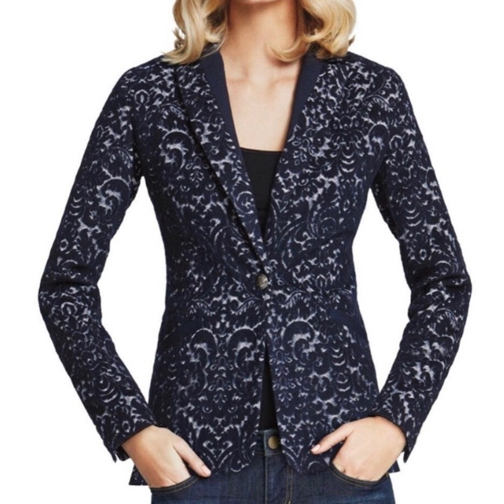 CABI Navy Blue Jacquard Floral Wool Blend Jacket Blazer